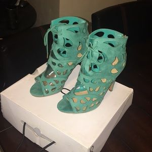Turquoise heeled peep toe booties